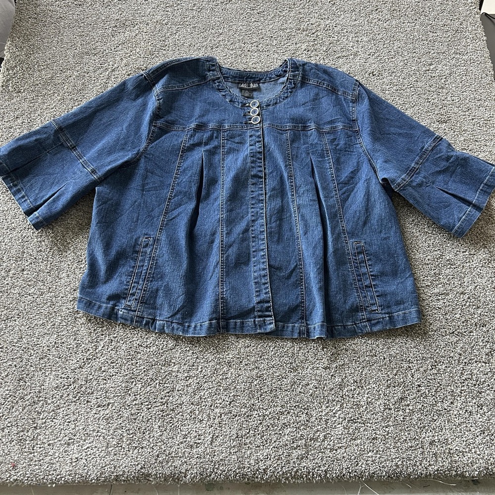 Vintage Just Blu Jacket Womens 3X Denim Collarless 3/4 Sleeve Pleated Pockets